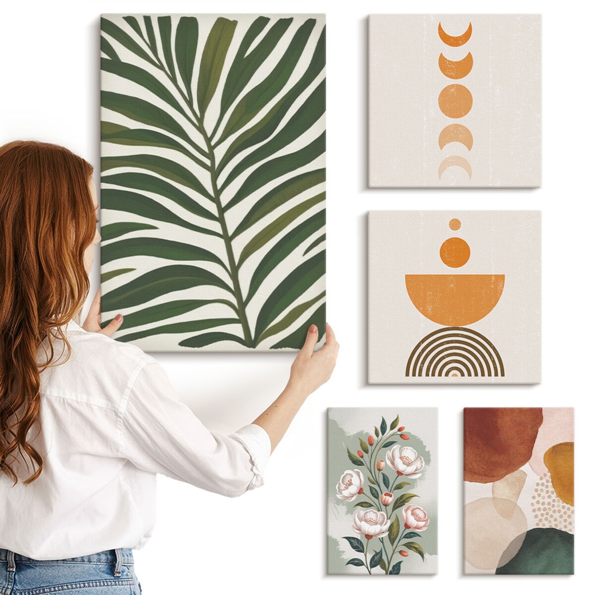 Zestaw 5 obrazów na płótnie - Roślinne wzory boho kształty - zielony