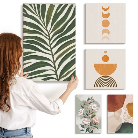 Zestaw 5 obrazów na płótnie - Roślinne wzory boho kształty - zielony