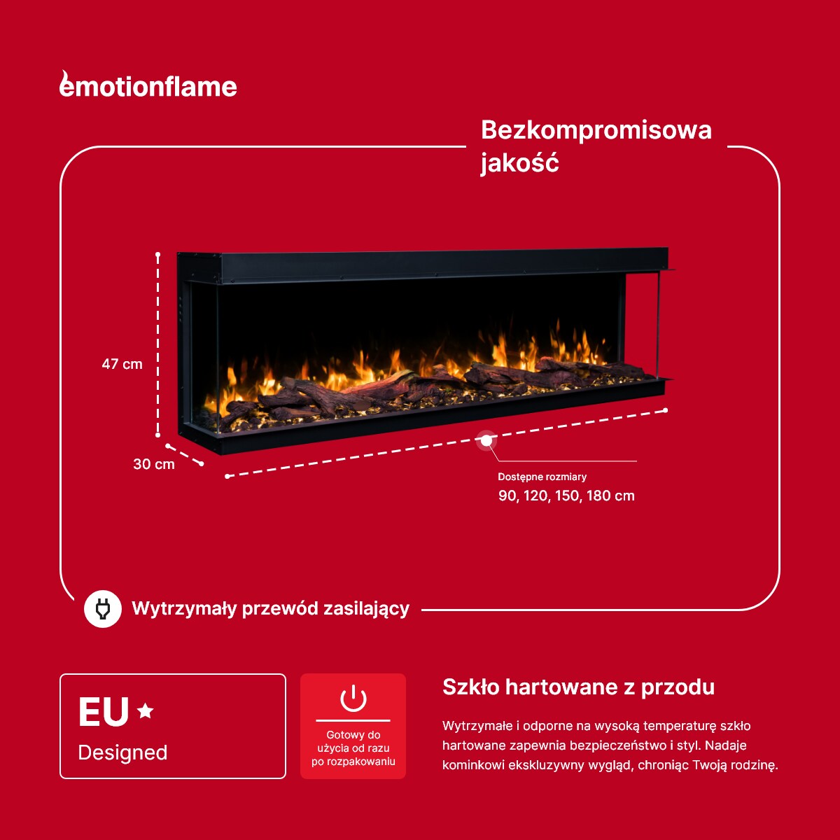 Kominek elektryczny à 3 côtés Emotion Flame Solis 90 - do zabudowy - 90x30x46 cm - kominek LED - funkcja grzania 750/1500 W