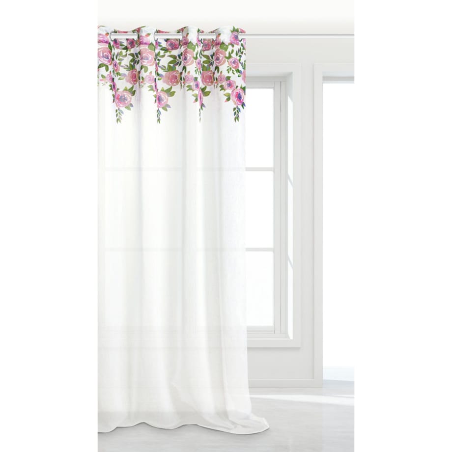 Biała Zasłona do Salonu w Kwiaty 140 x 250 Dekoracyjna Róże Piwonie Kwiaty