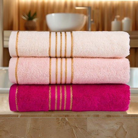 Ręcznik do rąk 30x50 cm bawełniany kolor jasny różowy z bordiurą w złote paski 500 g/m2 TIWANO