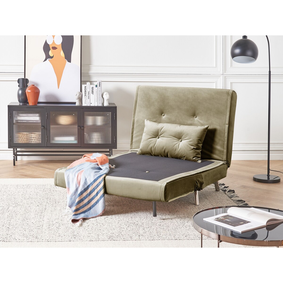 Sofa rozkładana welurowa jednoosobowa zielona oliwkowa FARRIS