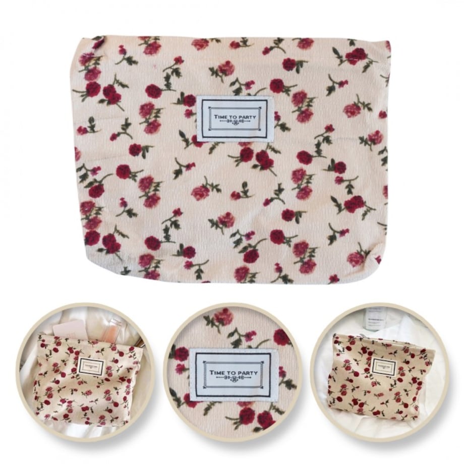 Kosmetyczka jednokomorowa beżowa w czerwone kwiatuszki 25 x 5 x18 cm KS117