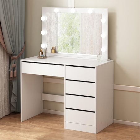 Toaletka kosmetyczna do makijażu wizażu z lustrem led nowoczesna glamour biała