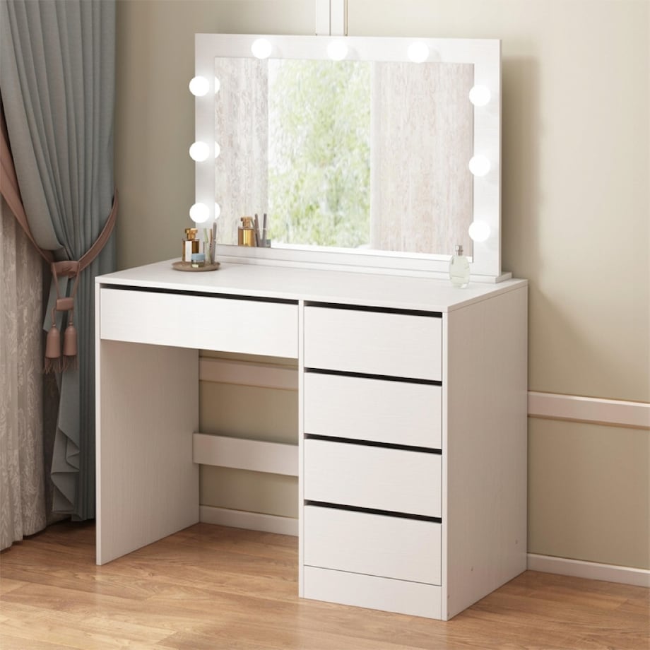 Toaletka kosmetyczna do makijażu wizażu z lustrem led nowoczesna glamour biała