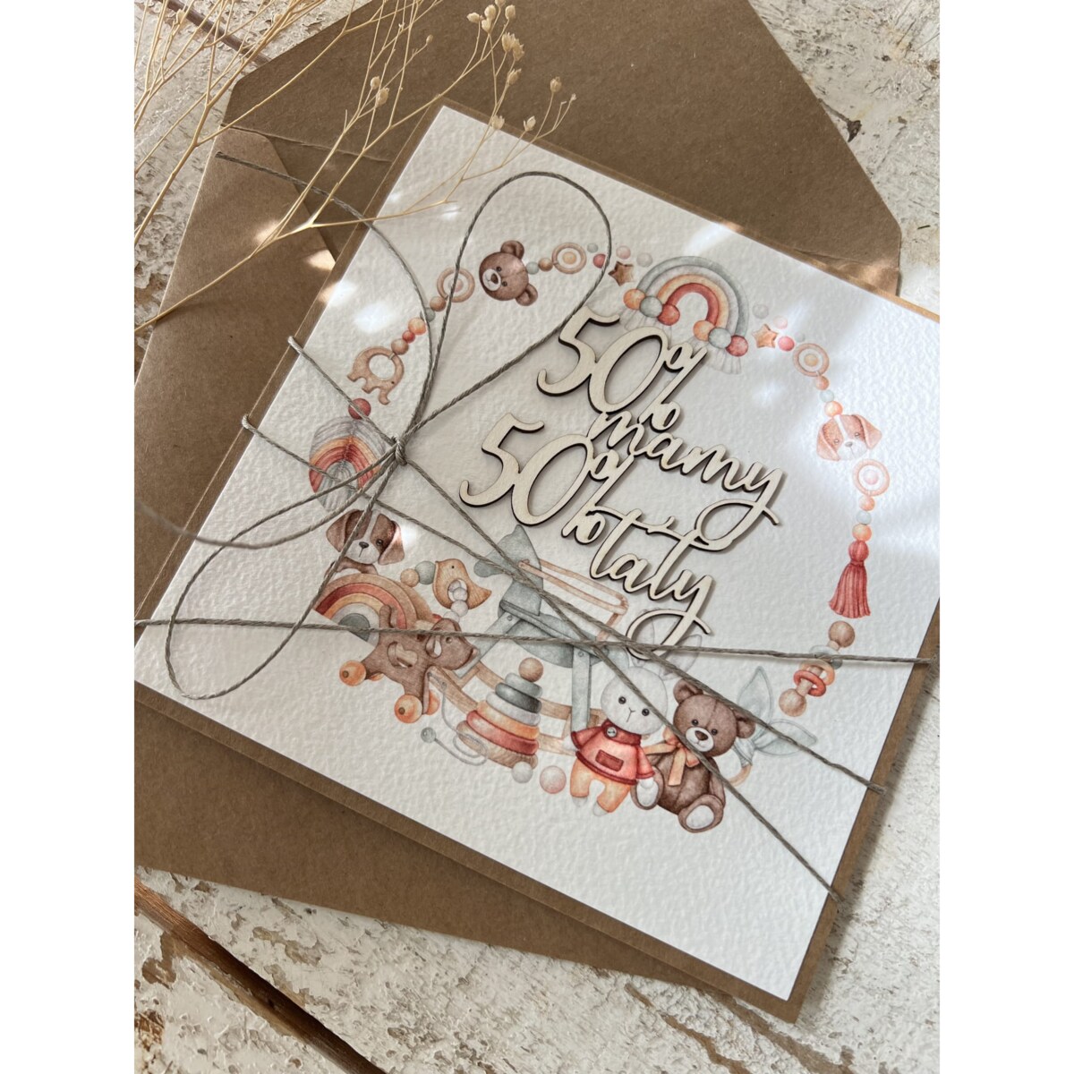 Ręcznie robiona kartka na narodziny dziecka - gratulacje 50% mamy 50% taty