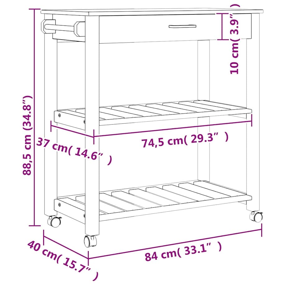 vidaXL Wózek kuchenny MONZA, 84x40x88,5 cm, lite drewno sosnowe