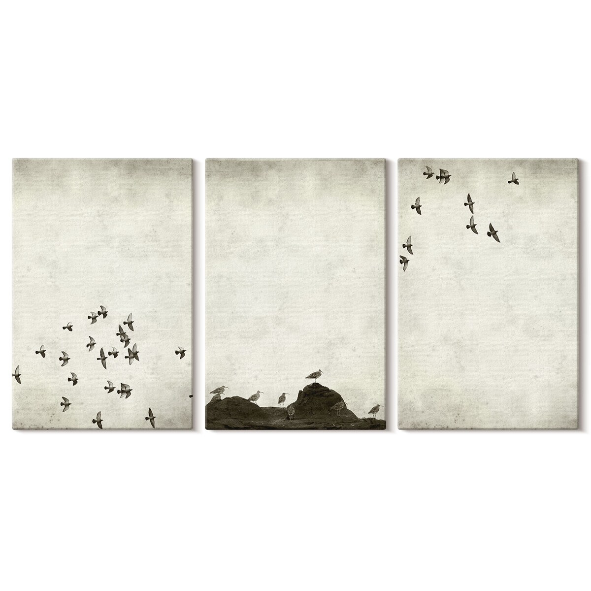 Zestaw 3 dużych obrazów na płótnie - Ptaki w locie styl minimalistyczny - beżowy