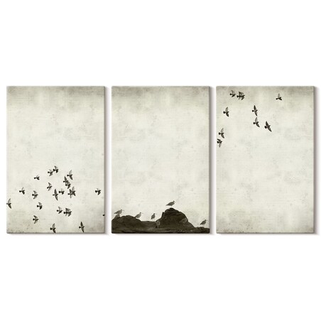 Zestaw 3 dużych obrazów na płótnie - Ptaki w locie styl minimalistyczny - beżowy