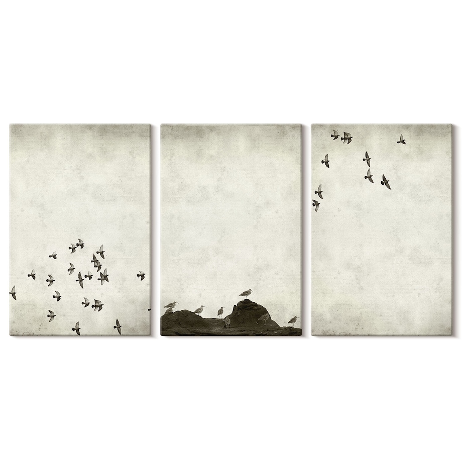 Zestaw 3 dużych obrazów na płótnie - Ptaki w locie styl minimalistyczny - beżowy
