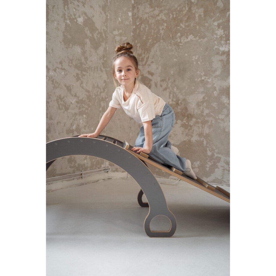 3w1 DUŻY bujak montessori + DUŻA zjeżdżalnia DRABINKA + blat - szary