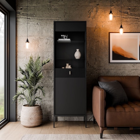 Witryna MIDNIGHT z przeszklonym frontem na stelażu, czarna