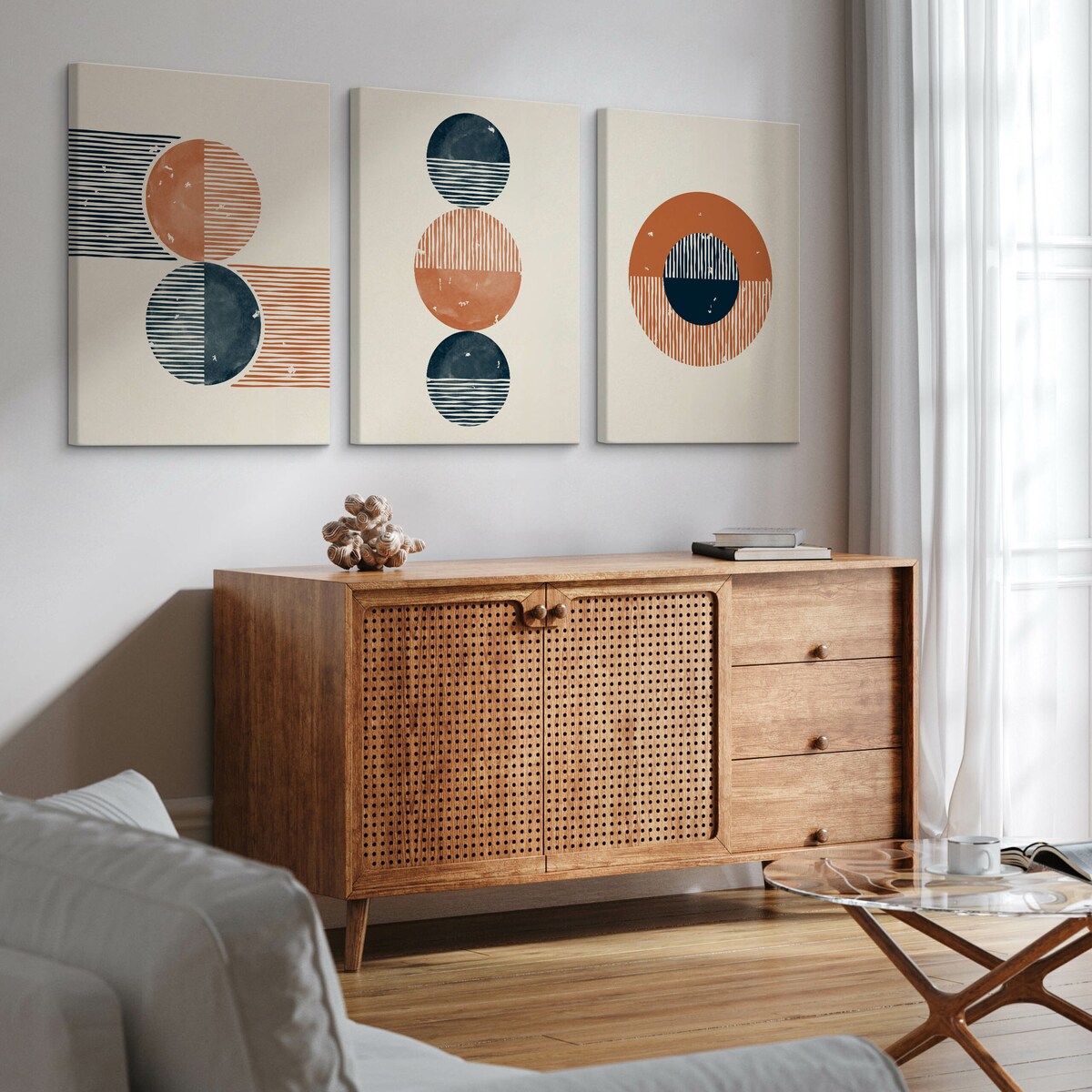 OBRAZY NA ŚCIANĘ SET ABSTRAKCJA STYL BOHO FIGURY GEOMETRYCZNE 90x40cm