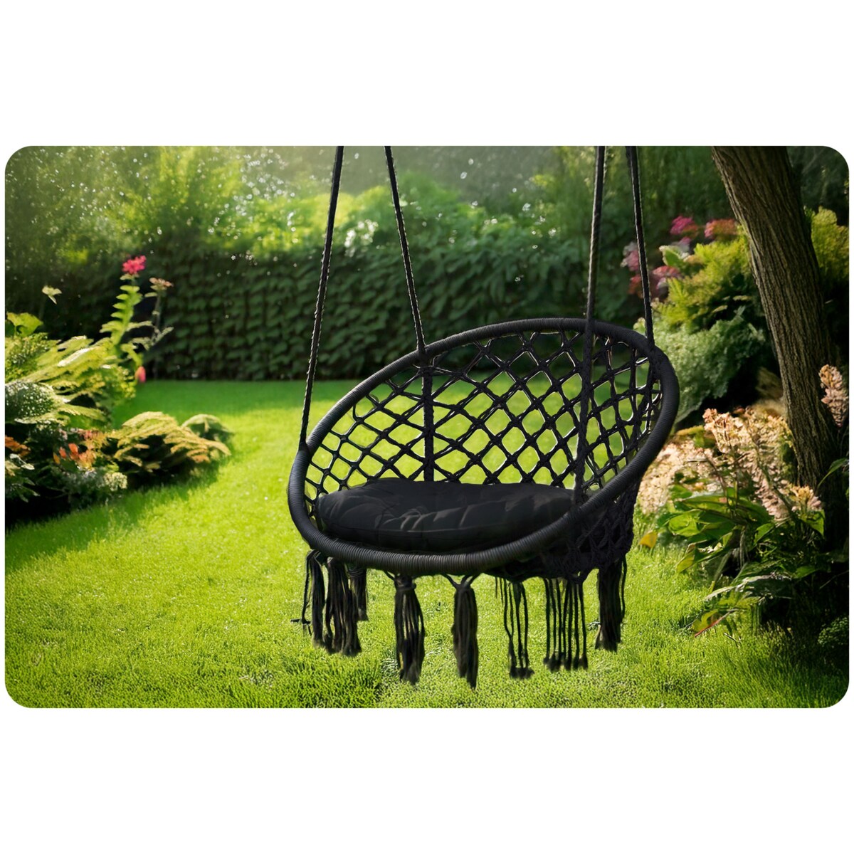Huśtawka bocianie gniazdo ogrodowa z poduszką fotel wiszący boho Sofotel czarna