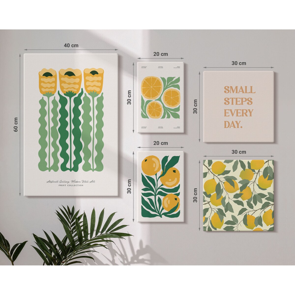 Zestaw 5 obrazów na płótnie - Kwiaty cytrusy pozytywne hasła - żółty