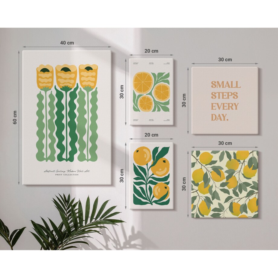 Zestaw 5 obrazów na płótnie - Kwiaty cytrusy pozytywne hasła - żółty