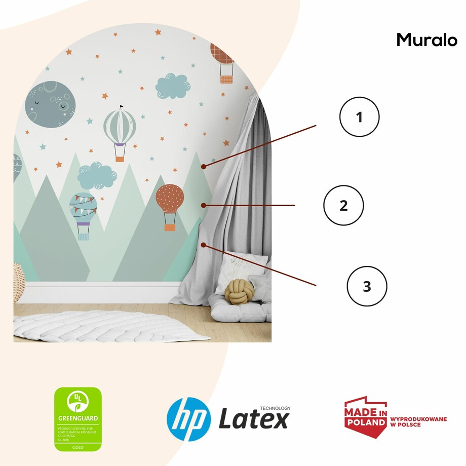 NAKLEJKI ŚCIENNE DLA DZIECI MIĘTOWE GÓRY GWIAZDKI CHMURKI BALONY ZESTAW