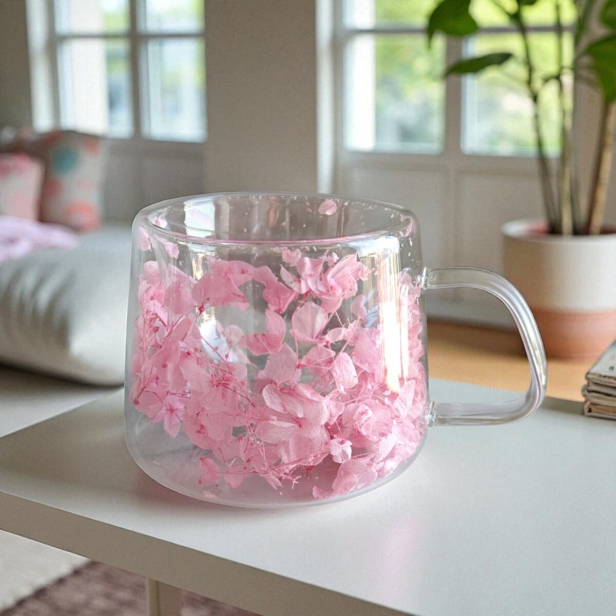 Szklanka termiczna z hortensją w środku jasny róż 180 ml 1szt SZK74