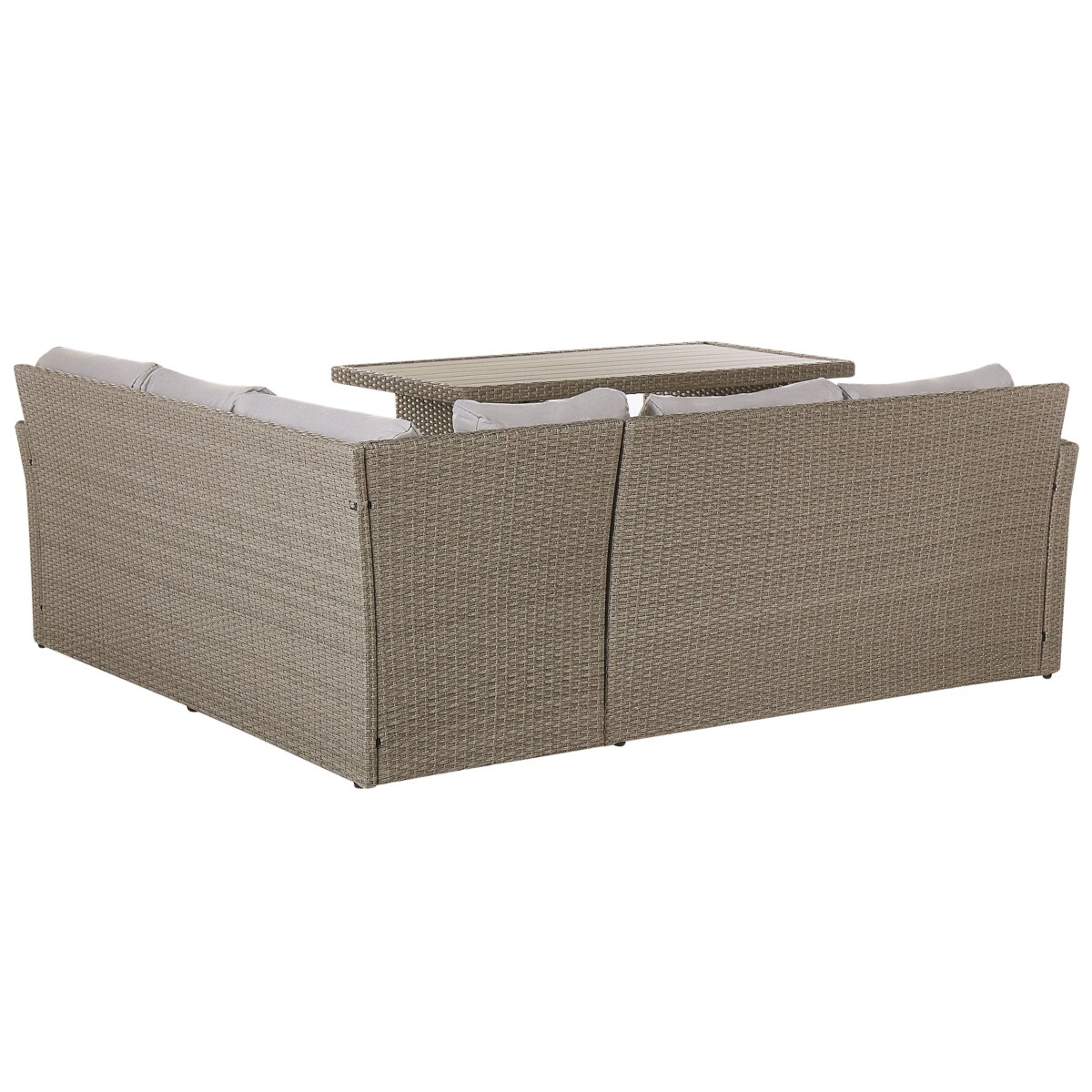 Zestaw ogrodowy ze stolikiem i otomaną dla 5 osób BARDI z poduszkami Technorattan Beżowoszary