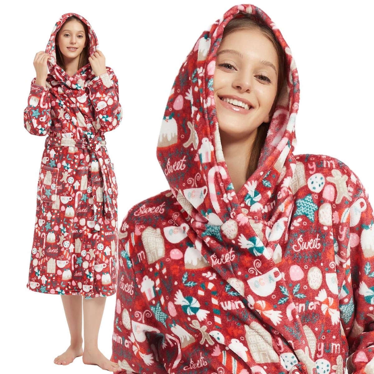 Szlafrok z Kapturem PAULO Świąteczny Czerwony 2XL/3XL