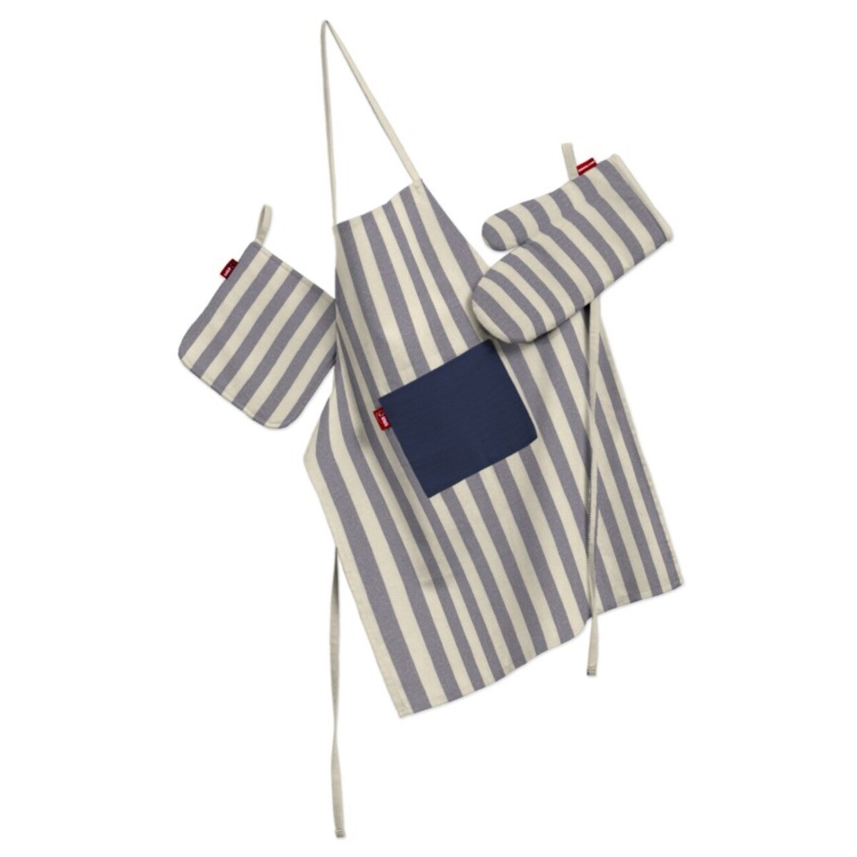 Komplet kuchenny fartuch,rękawica i łapacz, granatowo-białe pasy (1,5cm), kpl, Quadro