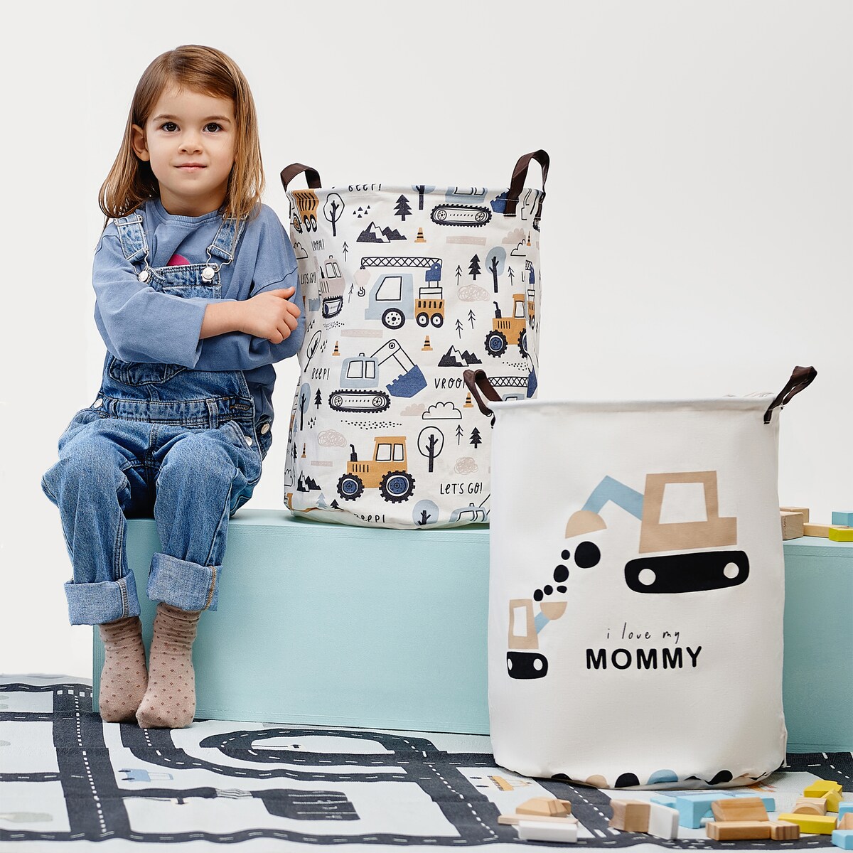 bawełniany kosz na zabawki sipo, zamykany na ściągacz, koparki, xl