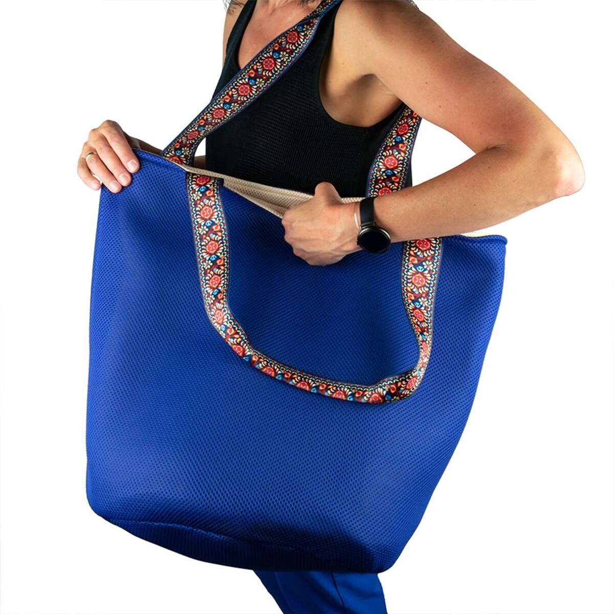 Torba na zakupy z okrągłym spodem, 58x48 niebieska z brzoskwiniowym środkiem