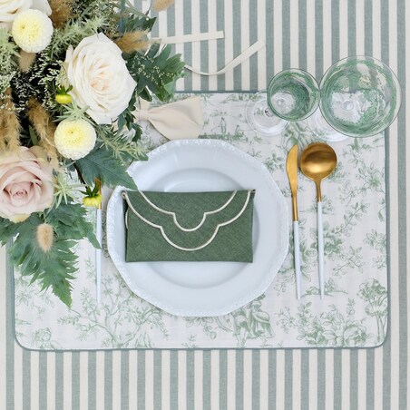 Dwustronne podkładki w stylu francuskim Toile de Jouy Green & Stripes – komplet 6 szt.