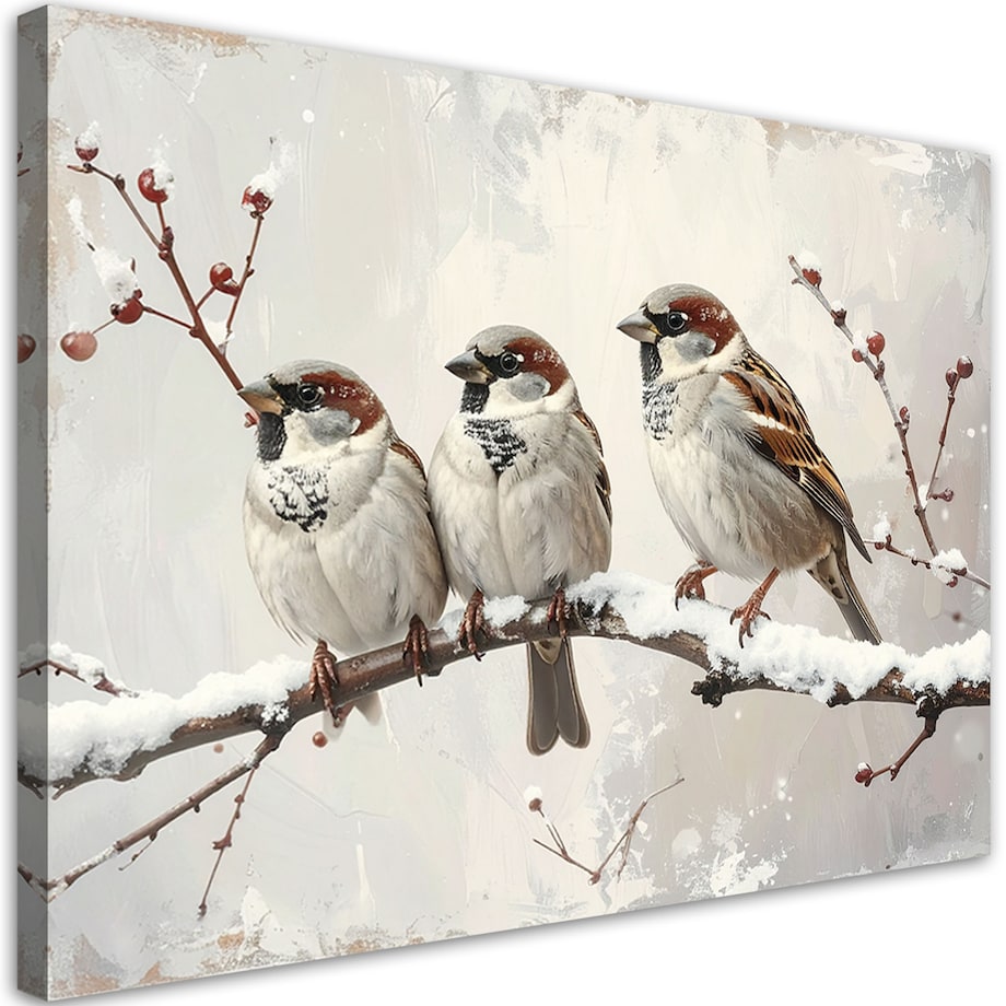Obraz do salonu sypialni biura, Wróble ptaki siedzące na gałęzi w zimie