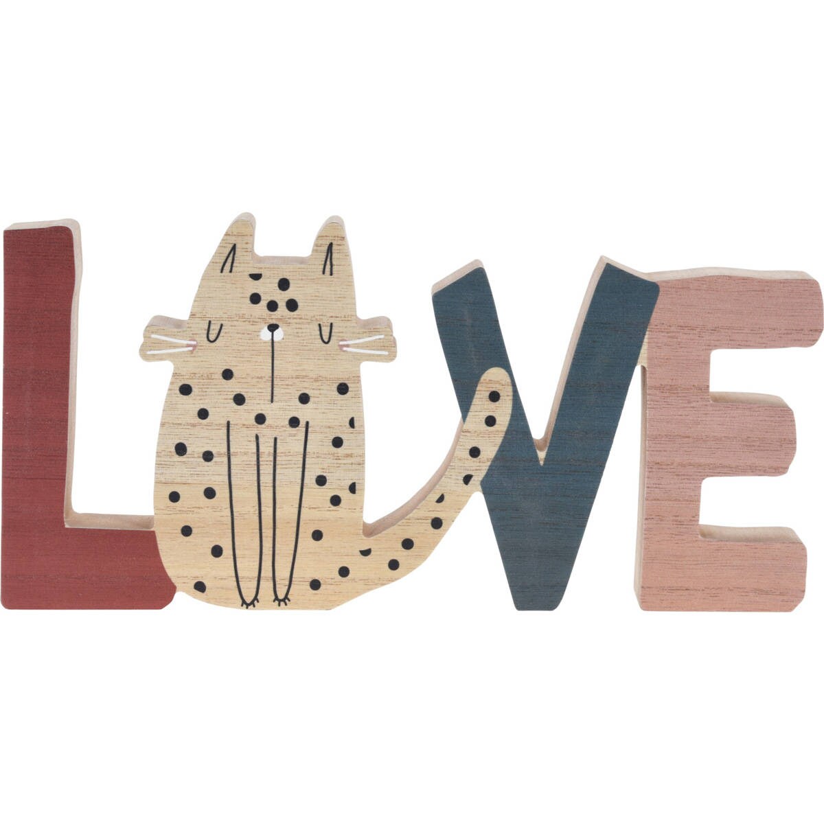 Stojąca dekoracja do pokoju dziecka Napis i kotek, drewniana, 28 x 2,5 x 12 cm