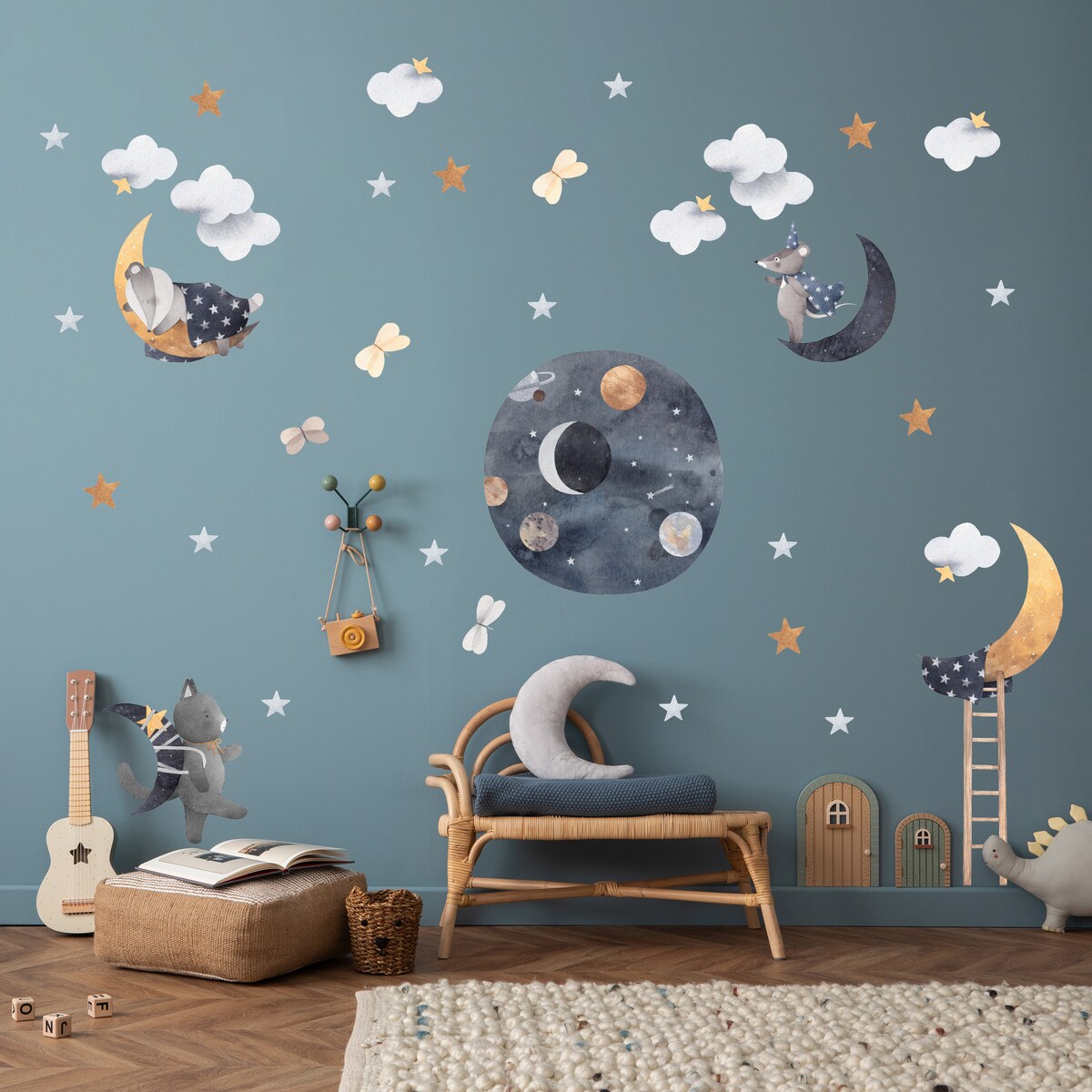Naklejki Ścienne Dla Dzieci KOSMOS Zwierzęta Chmury Gwiazdy Boho ZESTAW