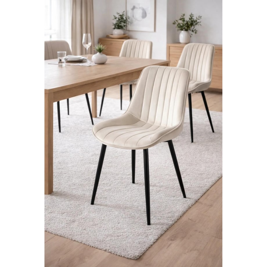 Krzesło tapicerowane welurowe ELVA beżowe jasne na czarnych nogach