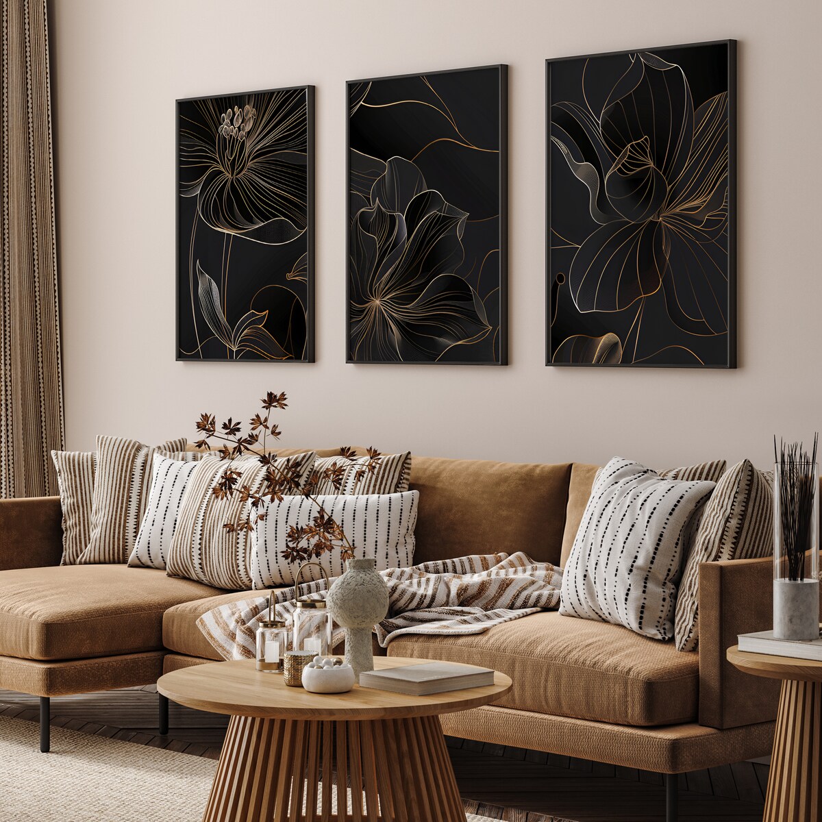 ZESTAW 3X PLAKAT W RAMIE KWIATY STYL LINE-ART STYL GLAMOUR DO SALONU 60x80cm