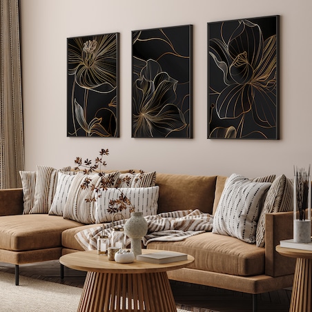 ZESTAW 3X PLAKAT W RAMIE KWIATY STYL LINE-ART STYL GLAMOUR DO SALONU 60x80cm