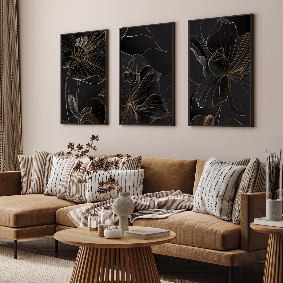 ZESTAW 3X PLAKAT W RAMIE KWIATY STYL LINE-ART STYL GLAMOUR DO SALONU 60x80cm