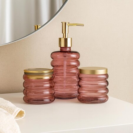 Zestaw łazienkowy szklany - dozownik, kubek i pojemnik 19x8,5 cm IMPOSTATO różowy