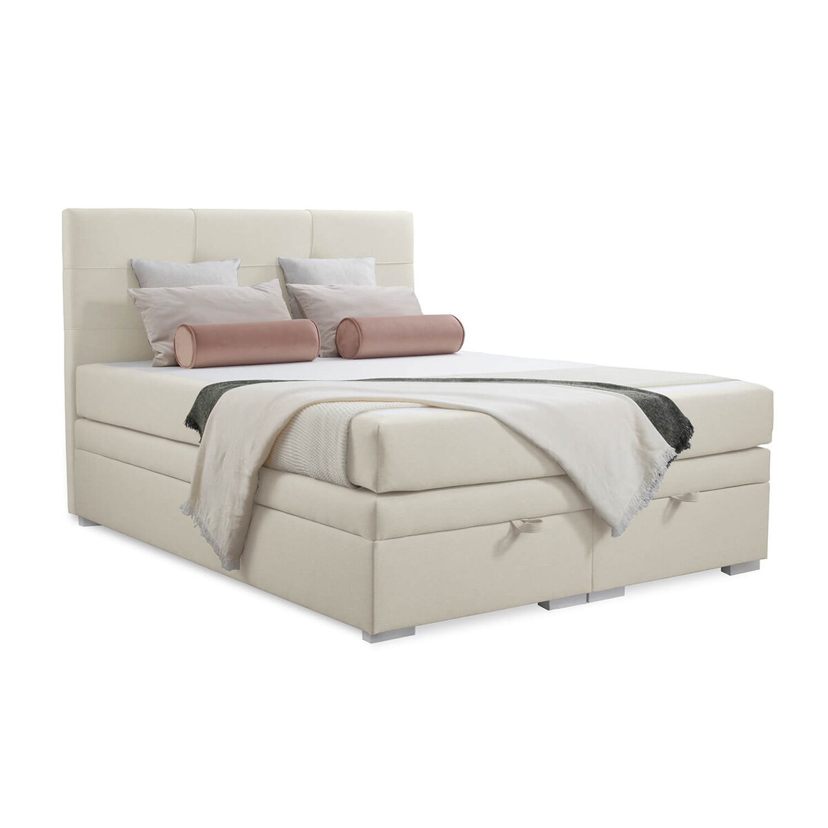 Łóżko tapicerowane BEHATI 140x200 z pojemnikiem, Jasny Beż, tkanina Megan 353