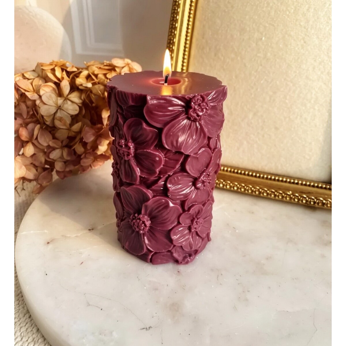 Świeca sojowa ekologiczna dekoracyjna walec bordowa, śliwkowa "Burgundy Touch" 105x65mm