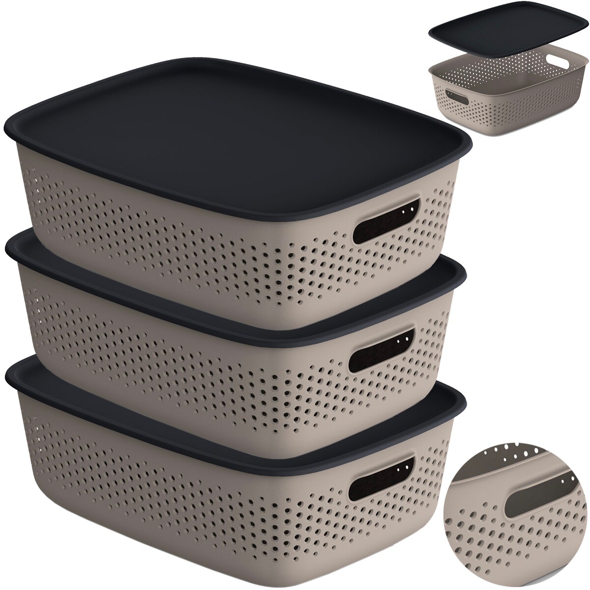 3X Pojemnik Plastikowy Ażurowy Pudełko Z Pokrywą Pojemniki Box 10L Brązowy