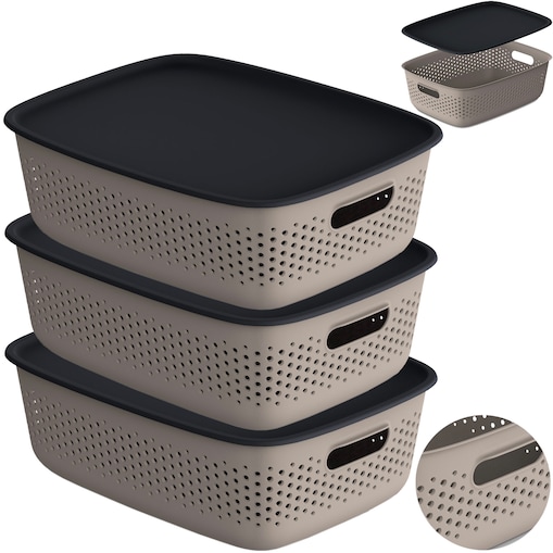 3X Pojemnik Plastikowy Ażurowy Pudełko Z Pokrywą Pojemniki Box 10L Brązowy