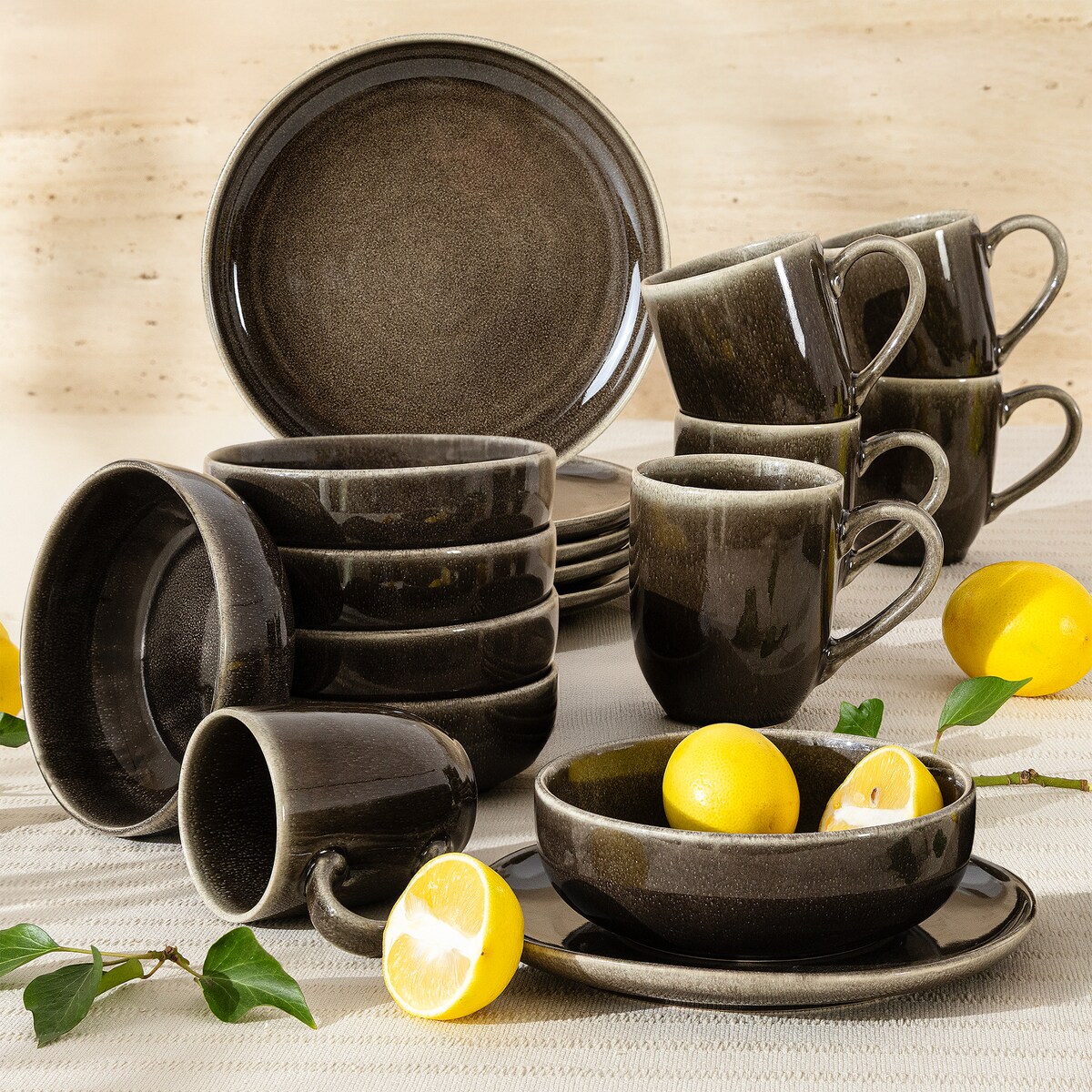 EDA Zestaw śniadaniowy 6 os. (18 el.), brązowy/szary/beżowy