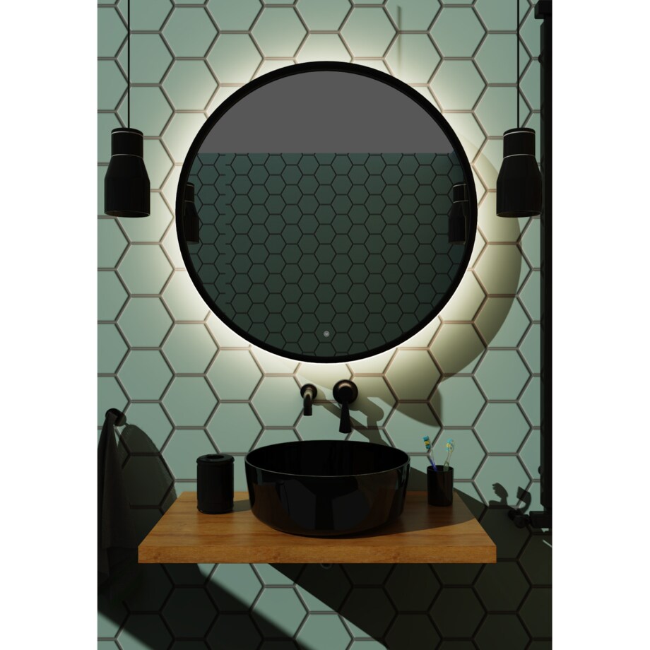 Lustro okrągłe LED z poświatą i włącznikiem – czarne - 60 cm