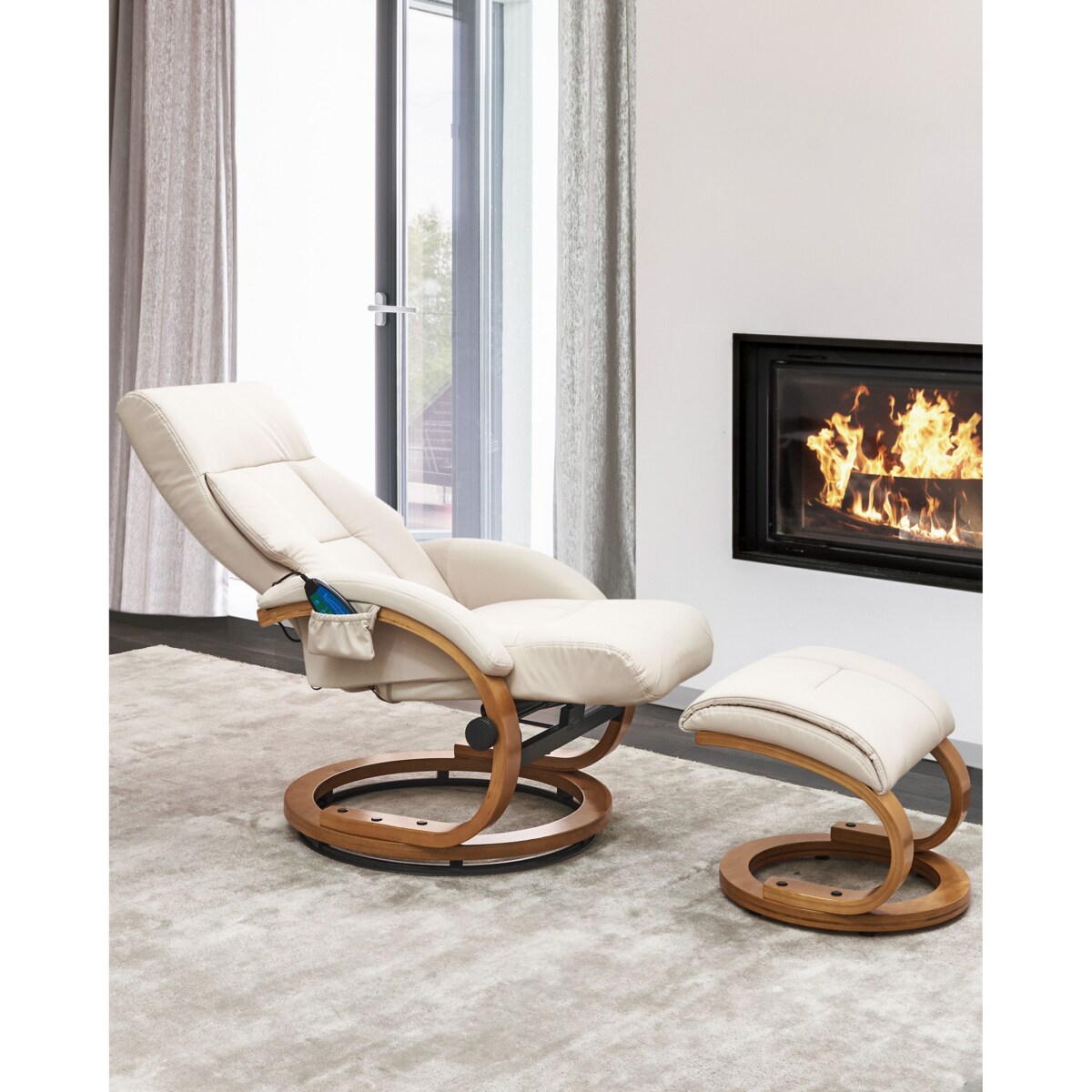 Fotel z masażem FORCE Z podnóżkiem Ekoskóra Jasnobeżowy