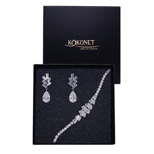 Kolczyki bransoletka zestaw ślubny łezki listki srebrny błyszczący efekt