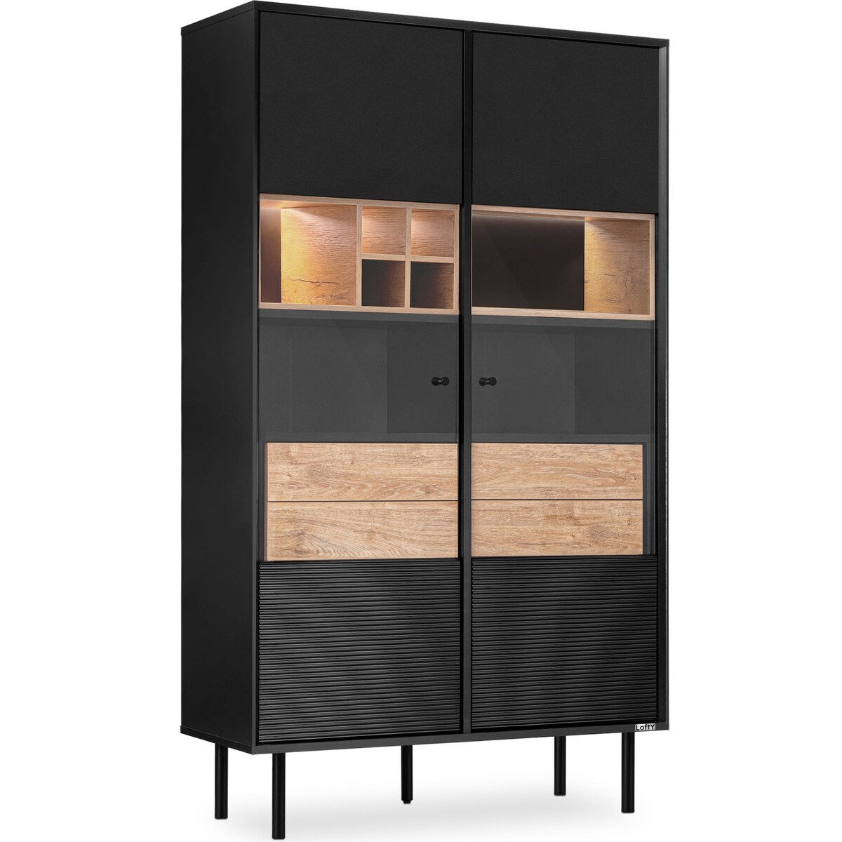 KONSIMO LOFTY Witryna na drewnianych nogach z ryflowanym przodem