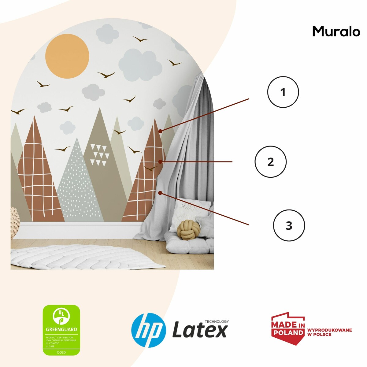 ZESTAW NAKLEJEK NA ŚCIANĘ DLA DZIECI BEŻOWE GÓRY STYL SKANDYNAWSKI