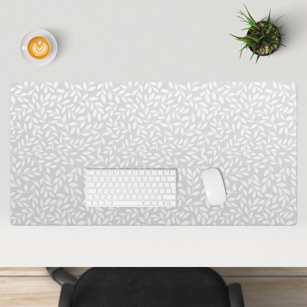 Szara mata na biurko Liściasty wzór, 100x50 cm