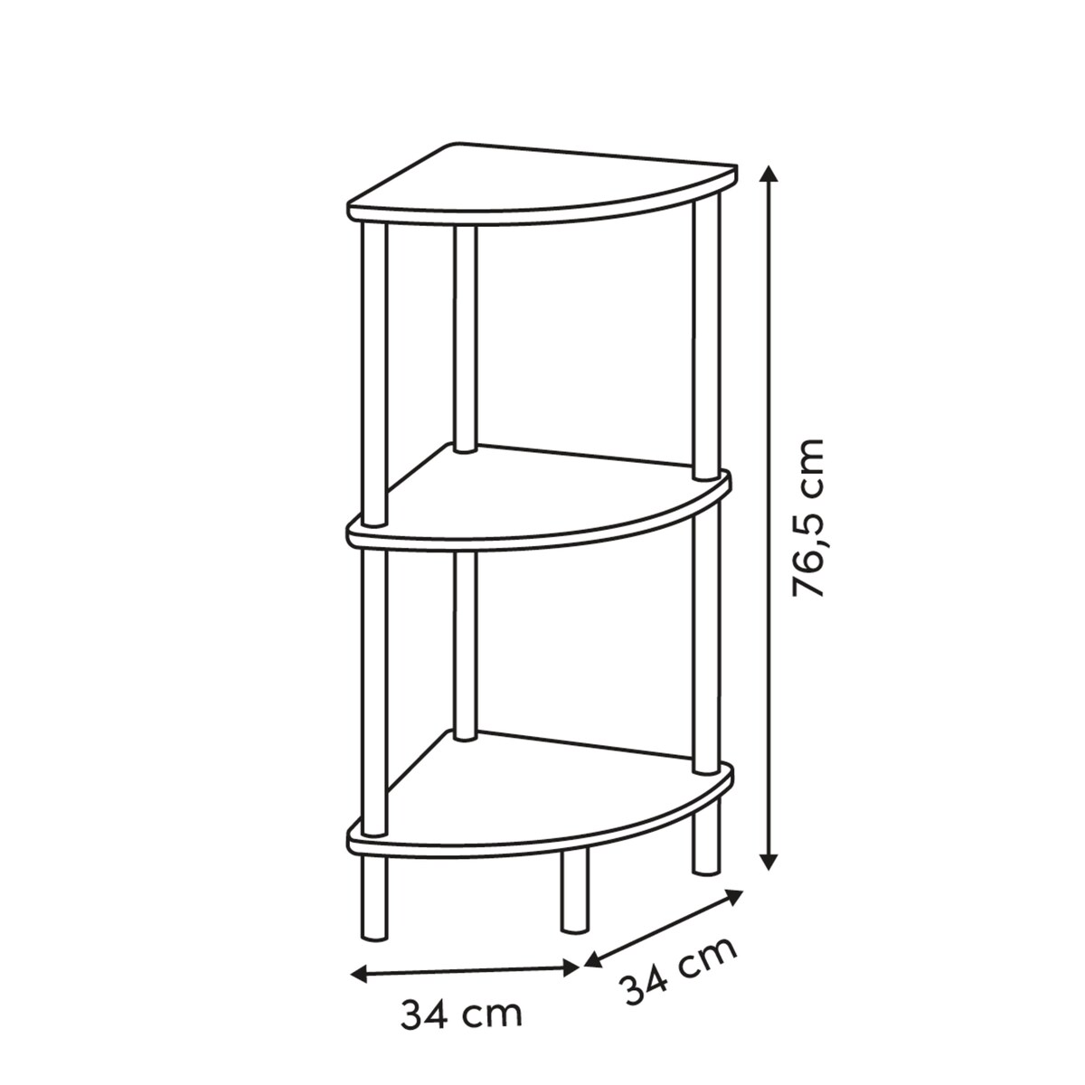 Regał narożny COME, 3 poziomy, 76 cm
