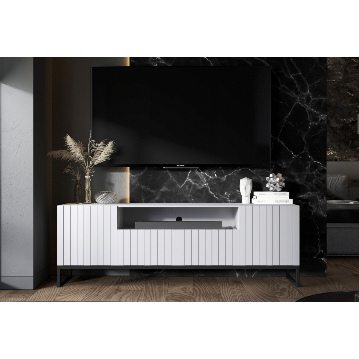 Szafka RTV Loft Biały MAT Komoda RTV Glamour Ryflowane fronty 150 cm Czarna Rama metalowa