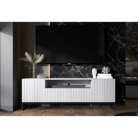 Szafka RTV Loft Biały MAT Komoda RTV Glamour Ryflowane fronty 150 cm Czarna Rama metalowa